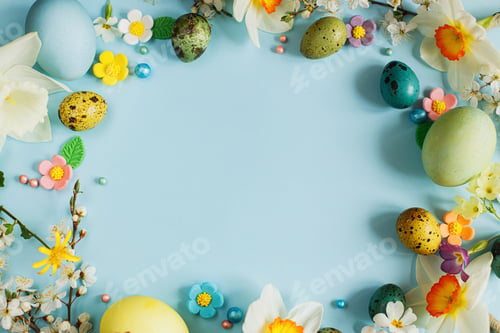 Preview: Happy Easter! Easter flat lay with stylish eggs and blooming spring flowers on blue background