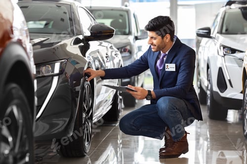 Preview: Handsome man in suit sales assistant checking car tires