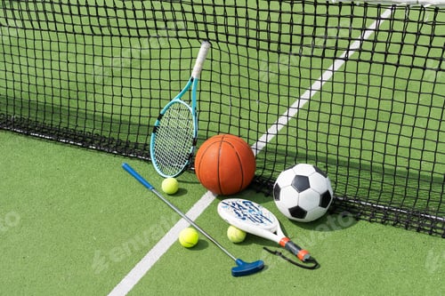 Preview: A variety of sports equipment including an american football, a soccer ball, a tennis racket, a