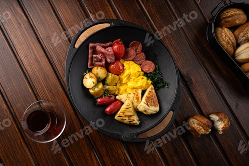 Preview: Close-up of a plate of fried eggs with bacon, sausage and baked potatoes