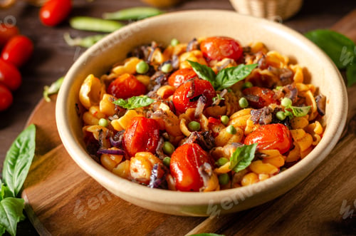 Preview: Corn paste with roasted tomatoes and fresh peas and onion