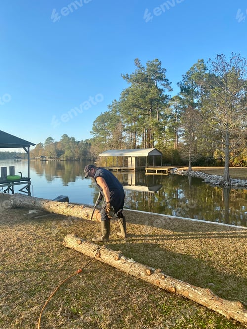 Preview: Man Cutting Logs Near a Lake on a Sunny Day