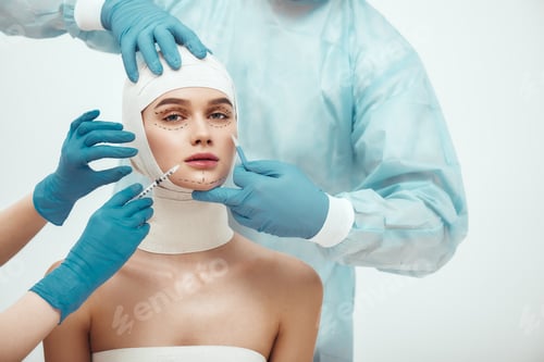 Preview: Stop aging. Young attractive woman with head in bandages looking at camera while doctors making