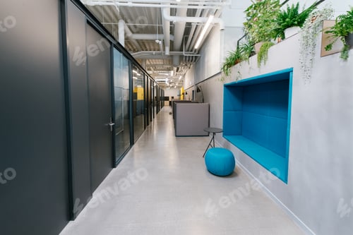 Preview: Hallway of modern office with colorful elements