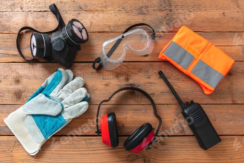 Preview: Work health and safety flat lay. Labor personal protective gear for industry and construction site.