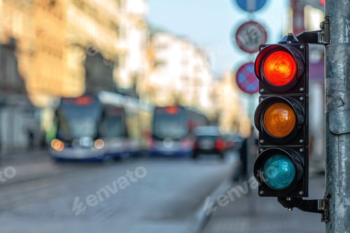 Preview: close-up of small traffic semaphore with red light against the backdrop of the city traffic