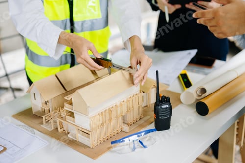 Preview: Engineer teams meeting working together wear worker helmets hardhat on construction site
