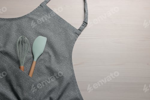 Preview: Stylish apron, spatula and whisk on white wooden table, top view. Space for text