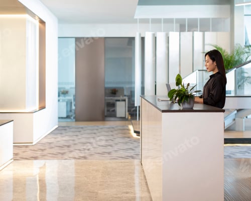 Preview: Young Chinese businesswoman standing at office reception desk