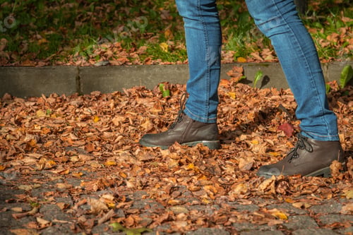 Preview: Woman walks on orange fallen leaves