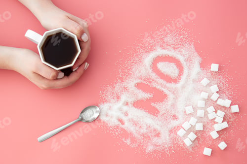 Preview: Word No made of sugar and cup of coffee on pink background, flat lay.