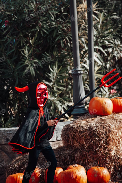 Preview: Portrait of children in spooky costumes of in style of Halloween holiday outdoor at park