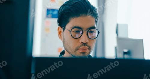 Preview: Male freelance eyeglasses typing write prompt AI bot IT app program nomad, video game.