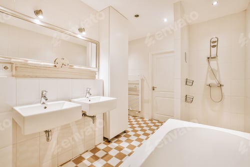 Visualização: Pias e banheira perto da cabine de duche