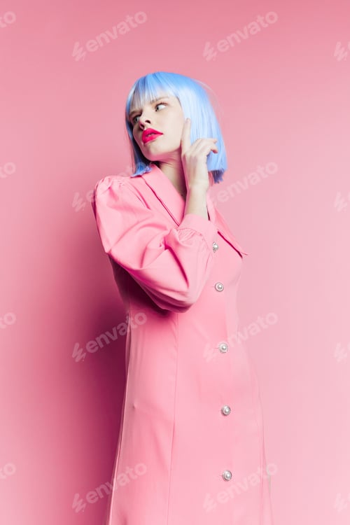 Preview: fashionable woman in blue wig pink dress red lips isolated background