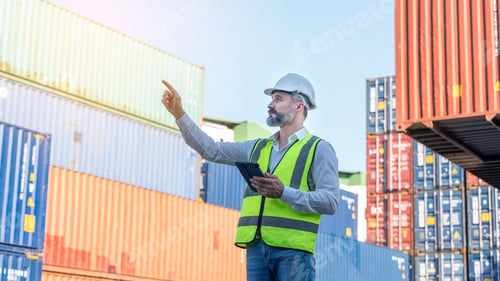 Preview: CEO or Manager in white helmet with tablet control loading Containers box in warehouse , manager