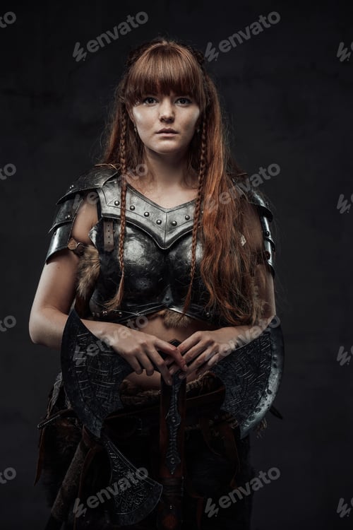Preview: Beautiful woman viking with two handed axe in dark background