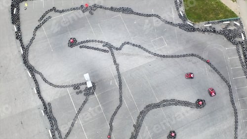 Preview: Aerial top view of the karting track made of old black car tires, motorsport concept. Media