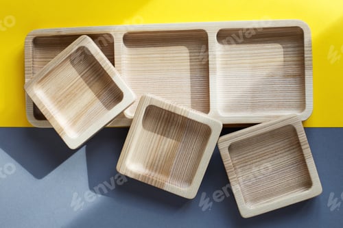 Preview: wood empty plates for snack on the color grey and yellow background