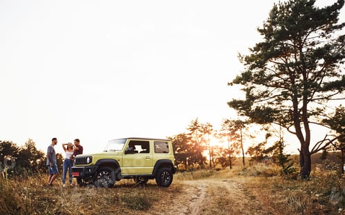 Preview: Rural scene. Group of cheerful friends have nice weekend at sunny day near theirs green car outdoors