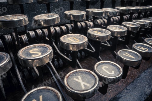 Preview: Closeup of antique typewriter. Keyboard of typewriter. Office equipment.