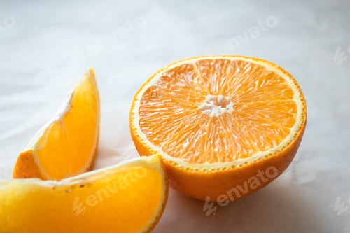 Preview: Close-up half of orange and slice on light table surface. Fresh citrus fruit, horizontal composition