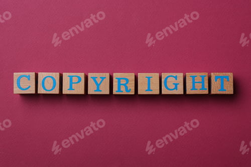 Preview: Wooden cubes with word Copyright on dark pink background, flat lay. Plagiarism concept