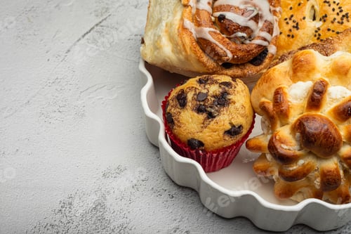 Preview: Close-up of a white plate with different freshly baked desserts