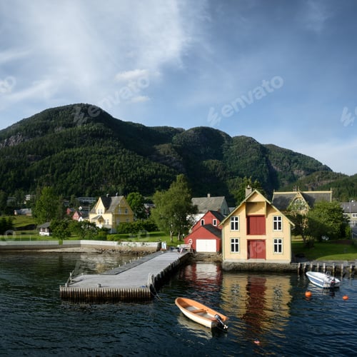Preview: Typical norwegian landscape with red house