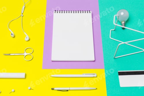 Preview: school supplies at colorful paper background