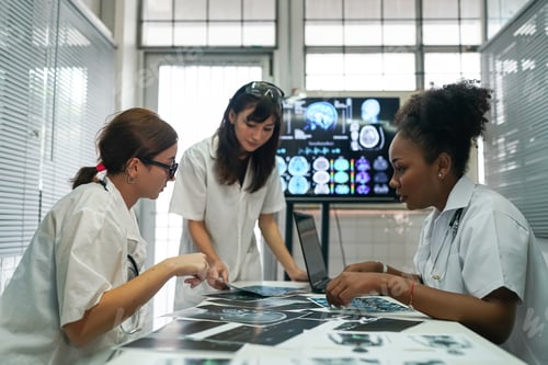 Preview: Group of doctors looking at X-ray on medical conference, discussing issues
