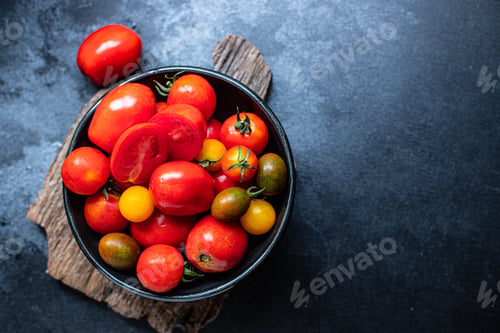 Preview: Tomato Fresh Ripe Vegetables For Salad, Harvest Meal On The Table Tasty Serving Size Portion Top