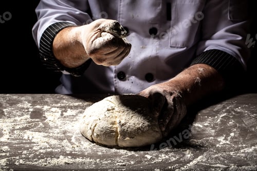 Preview: Hands kneading raw dough. Top view on baker workplace, working with pastry