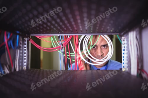 Preview: Technician Talking On Mobile Phone While Checking Cables In A Rack Mounted Server