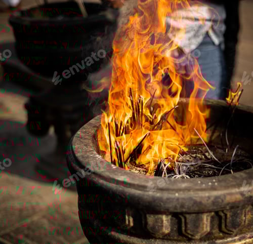 Preview: Many incense sticks are in flames on the stone pot at Jaya Sri Maha Bodhi Anuradhapura