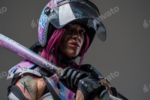 Preview: Intense Woman with Baseball Bat and Helmet