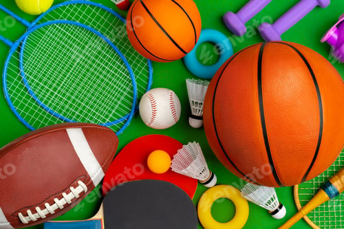 Preview: Composition of various sport equipment for fitness and games