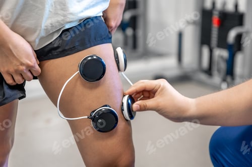 Preview: The procedure of myostimulation on the legs of a woman.