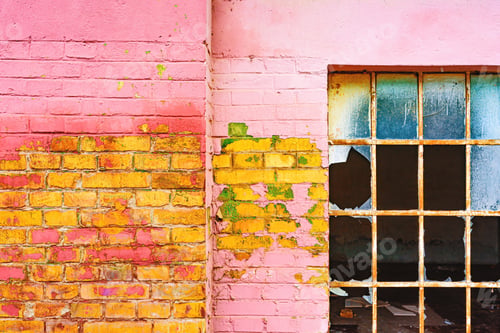 Preview: Old grid windows with broken glass on exterior wall of an old abandoned factory warehouse building