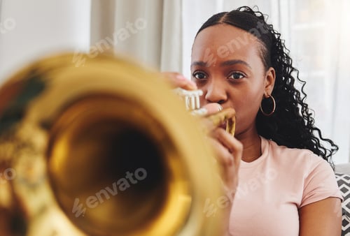 Preview: Music, art and woman in home with trumpet, performance and band practice for orchestra concert in l