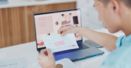 Preview: Man, debt letter delivery and office with laptop, social media marketing or disappointment in workp