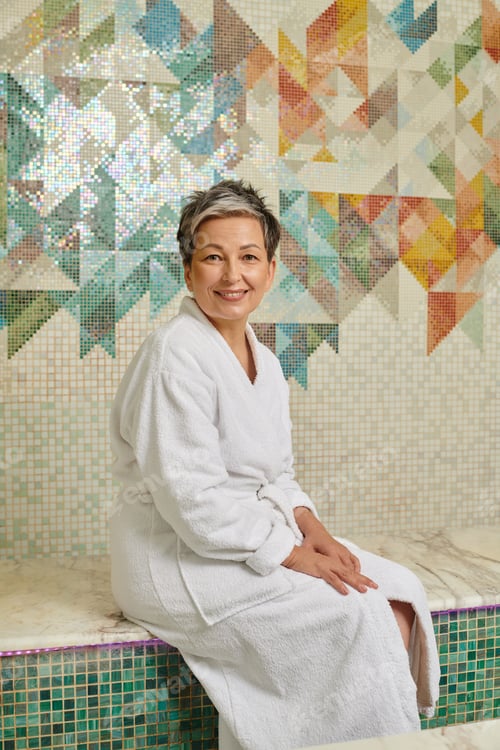Preview: smiling middle aged woman in white robe sitting on bench in marble sauna, spa wellness concept