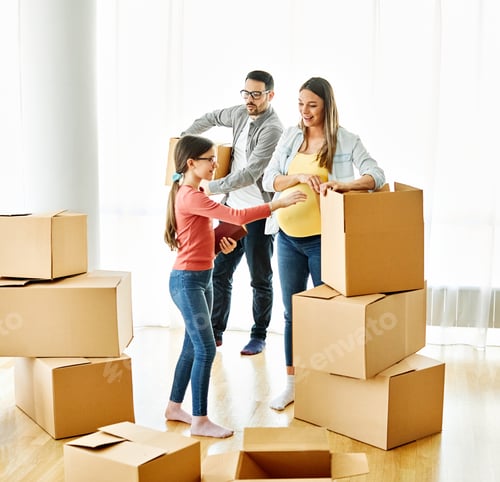 Preview: child family box home house moving happy apartment pregnant mother father daughter