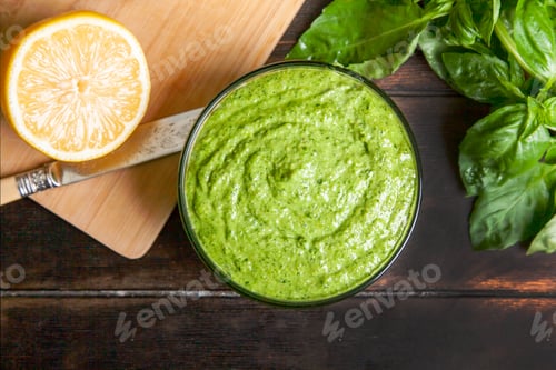 Preview: Pesto sauce in a glass bowl and ingredients for making basil sauce at home
