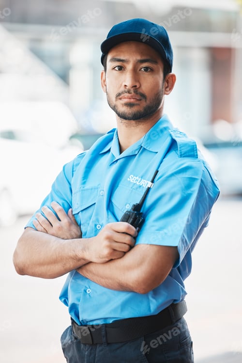 Preview: Security guard, safety officer and portrait of a man on street for protection, patrol or watch. Law
