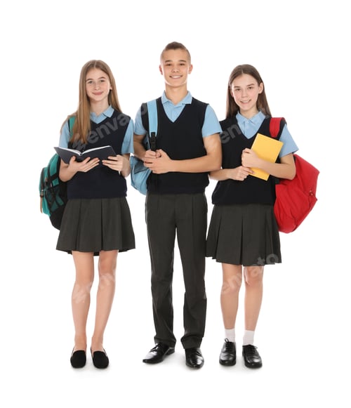 Preview: Full length portrait of teenagers in school uniform on white background
