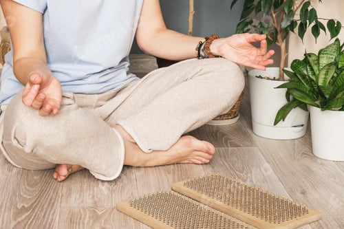 Preview: Woman Meditating Beside Plants in a Bright Room