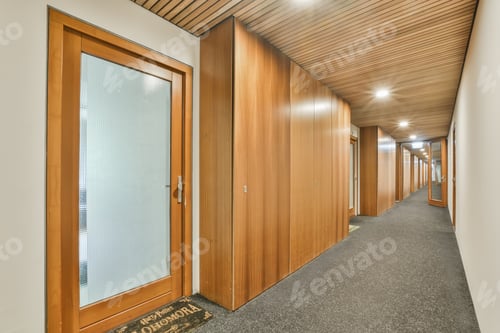 Preview: a corridor with wooden doors and windows in a building