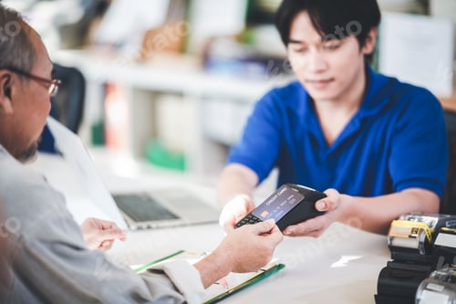 Preview: garage business service, client customer person make a payment with credit card or money to buy