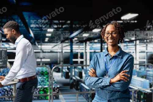 Preview: Happy IT expert in server hub reviews AI diagnostics on industrial platform